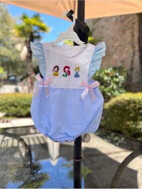 Vintage 1970’s Baby Girl Blue Seersucker Romper with Princess Embroidery